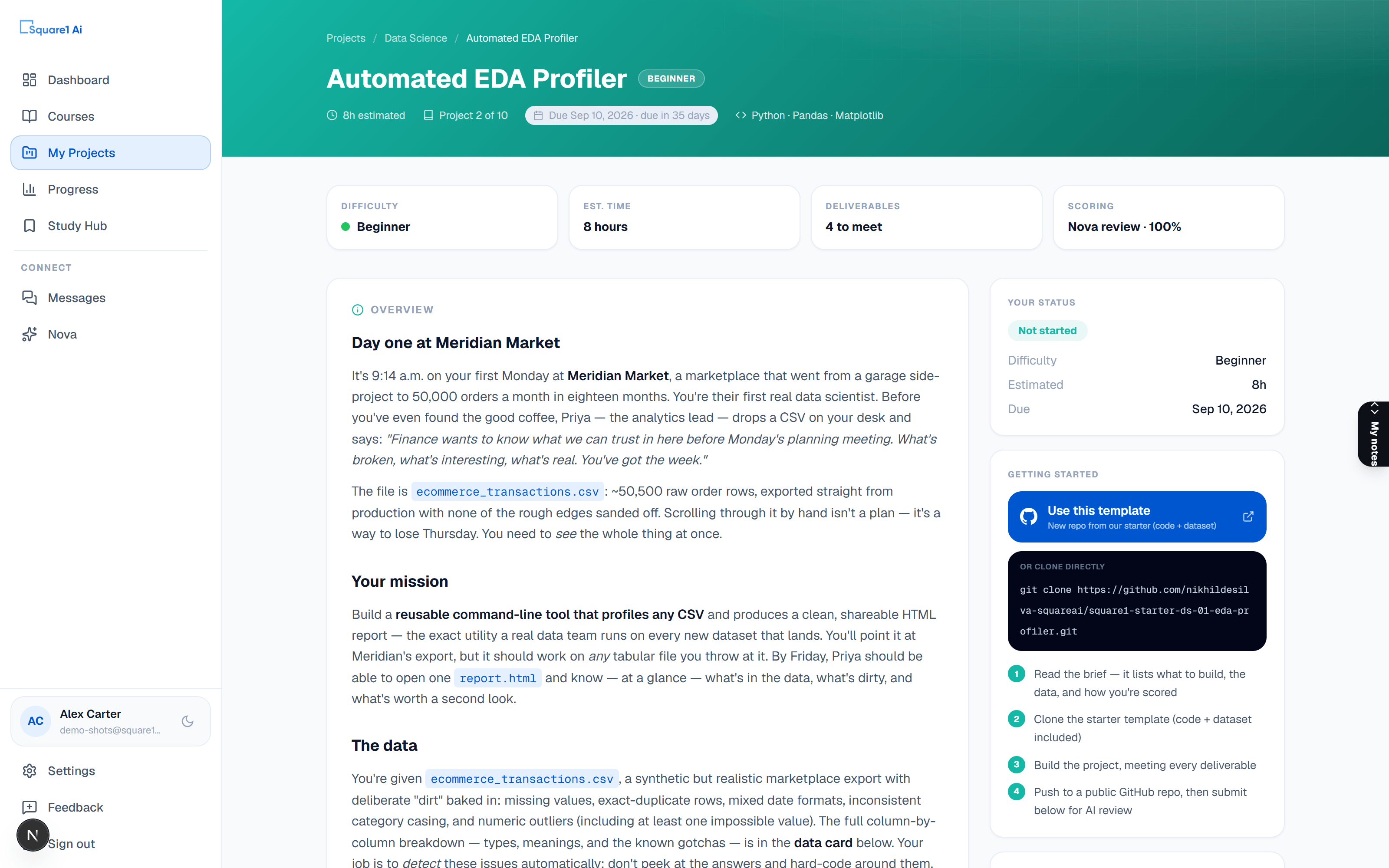 A Square 1 project brief: Automated EDA Profiler, a beginner Data Science project estimated at 8 hours, with a narrative client scenario and a Getting Started panel offering a GitHub starter template and a clone command.